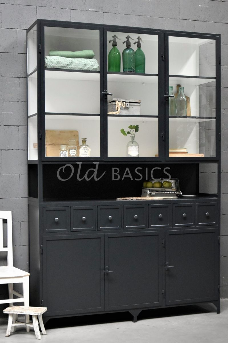 Apothekerskast Fio, 3 deuren, RAL7021, zwart, grijs, materiaal staal